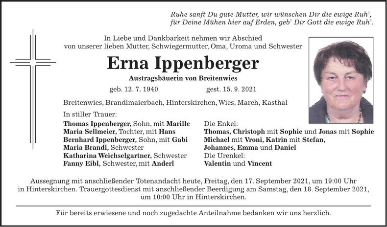 Traueranzeige Erna Ippenberger