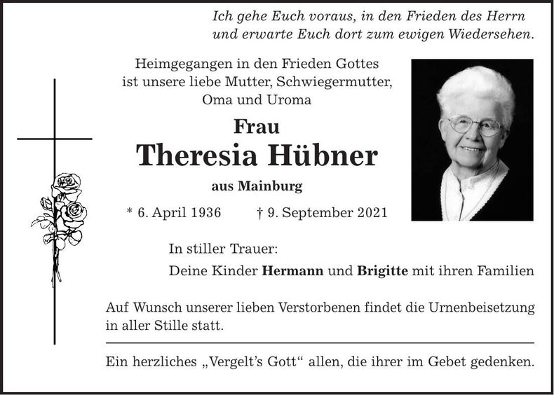 Traueranzeige Theresia Hübner