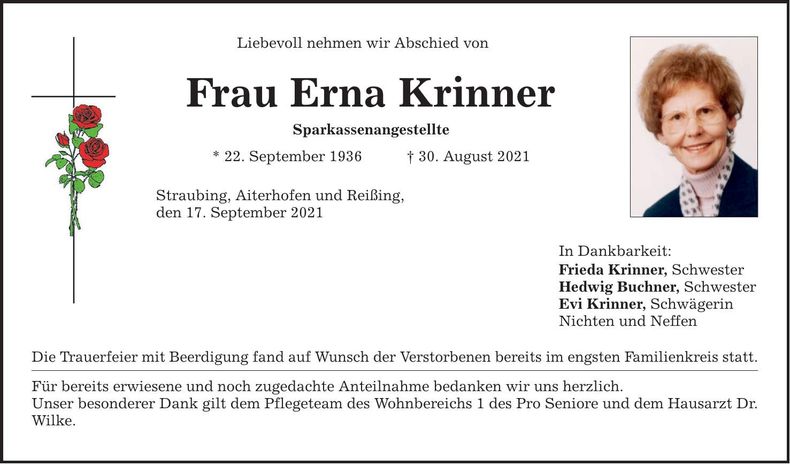 Traueranzeige Erna Krinner