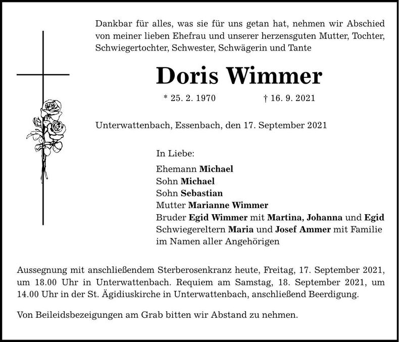 Traueranzeige Doris Wimmer