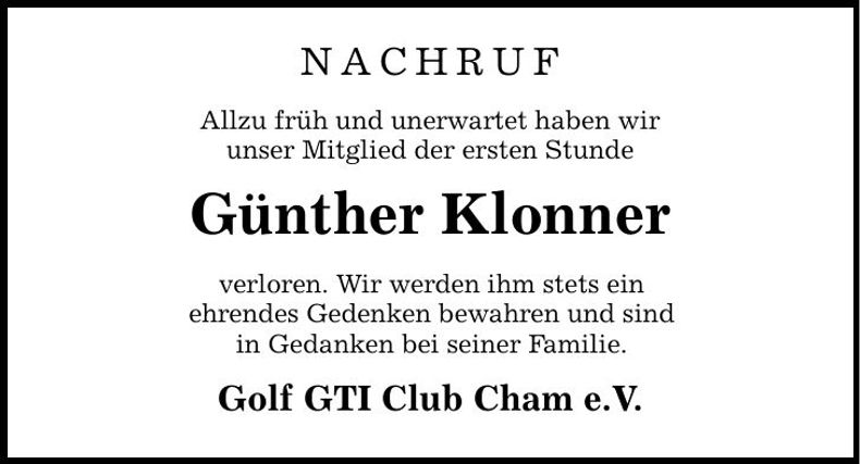 Traueranzeige Günther Klonner