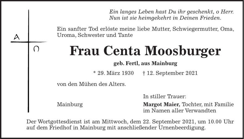 Traueranzeige Centa Moosburger