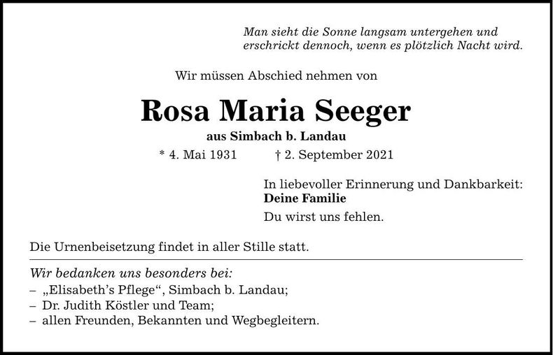 Traueranzeige Maria Seeger