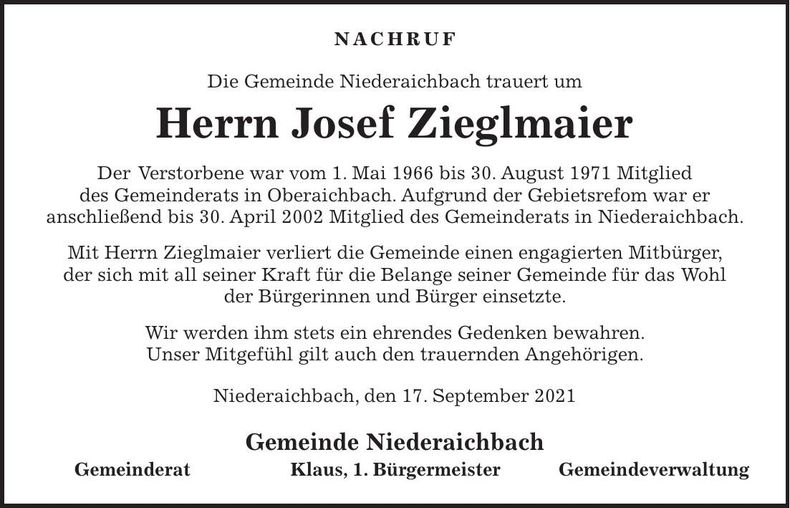 Traueranzeige Josef Zieglmaier