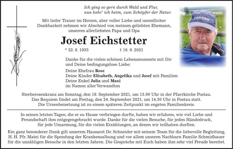 Traueranzeige Josef Eichstetter