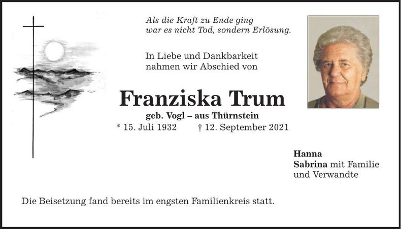 Traueranzeige Franziska Trum