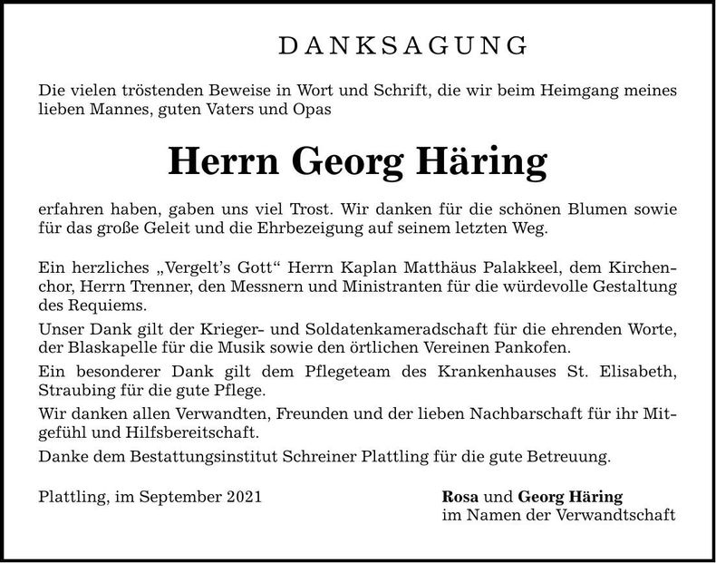 Traueranzeige Georg Häring