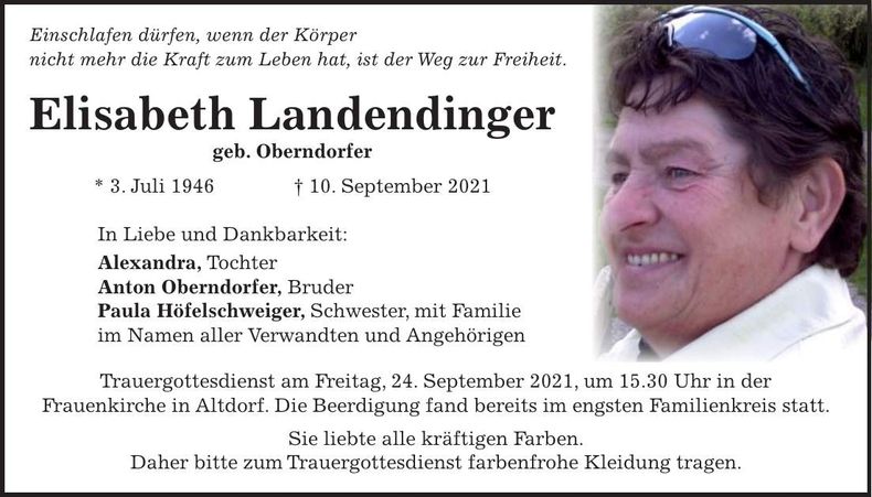 Traueranzeige Elisabeth Landendinger