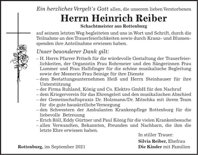 Traueranzeige Heinrich Reiber