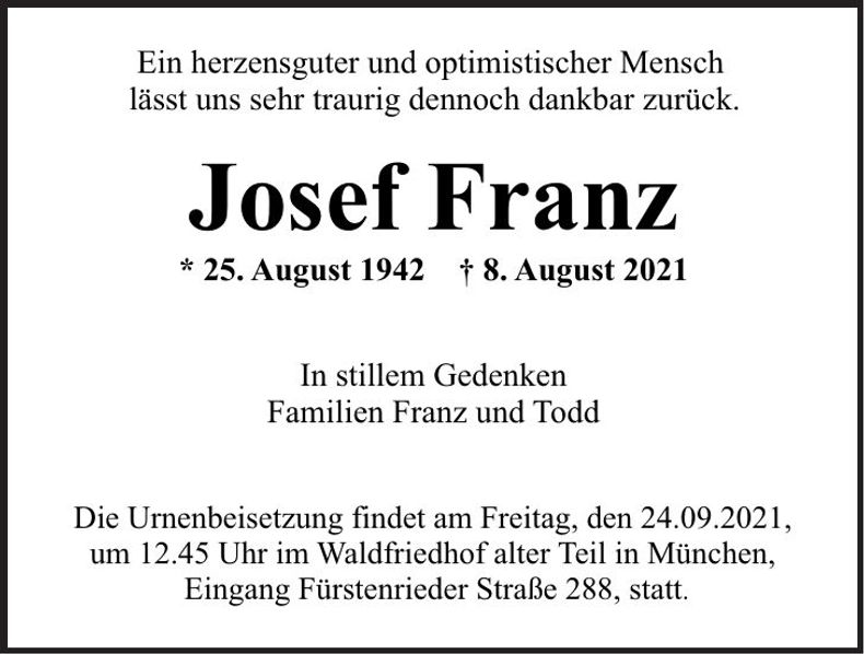 Traueranzeige Josef Franz