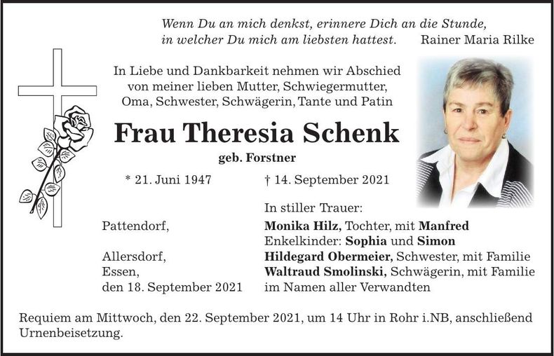 Traueranzeige Theresia Schenk
