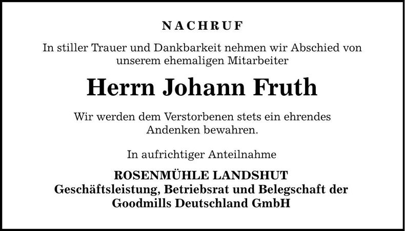 Traueranzeige Johann Fruth