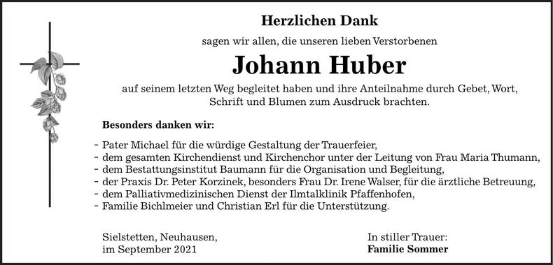Traueranzeige Johann Huber