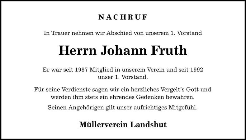 Traueranzeige Johann Fruth