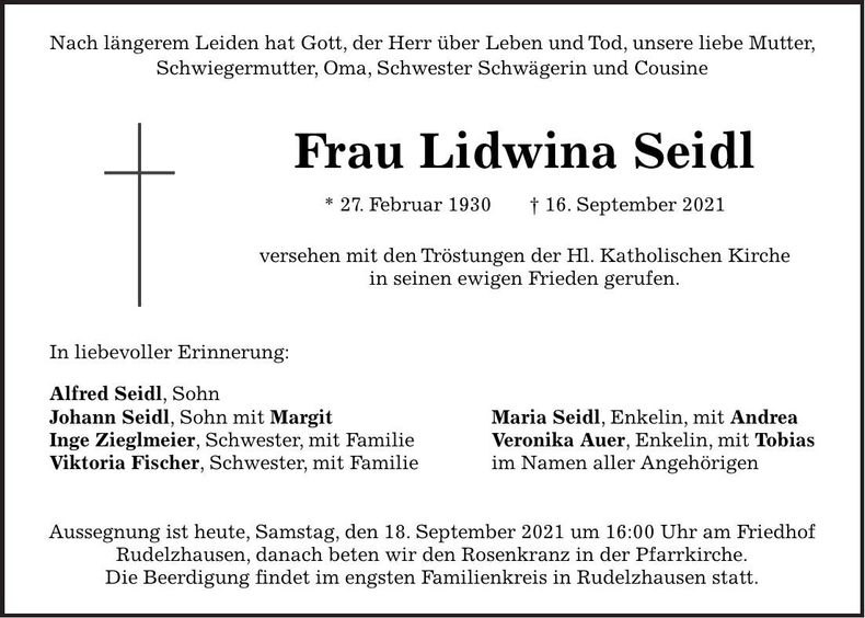 Traueranzeige Lidwina Seidl
