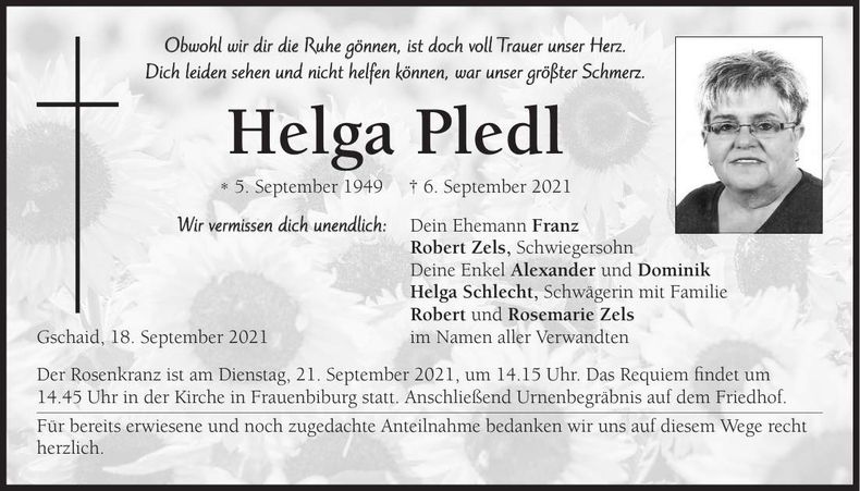 Traueranzeige Helga Pledl