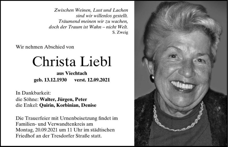Traueranzeige Christa Liebl