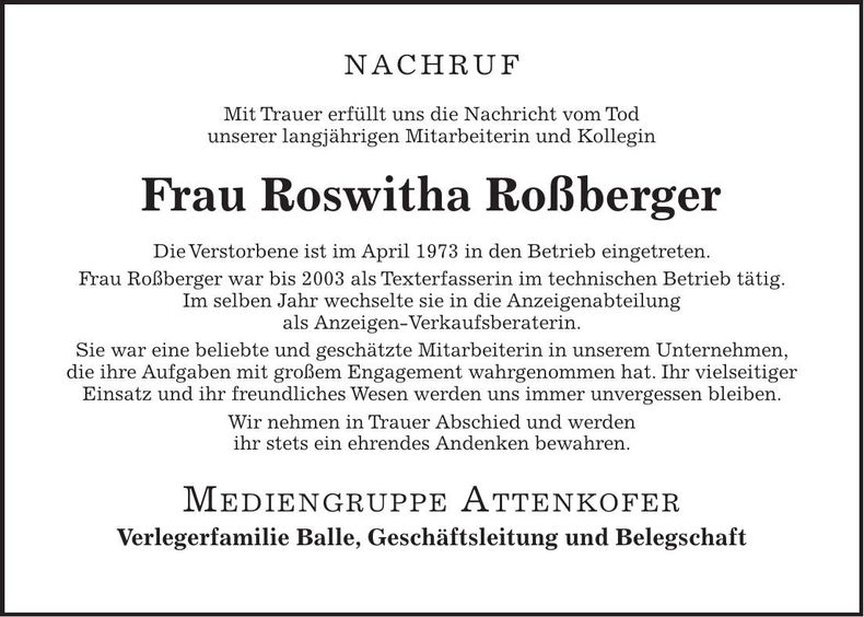 Traueranzeige Roswitha Roßberger