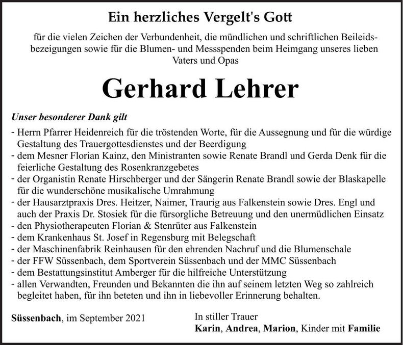 Traueranzeige Gerhard Lehrer