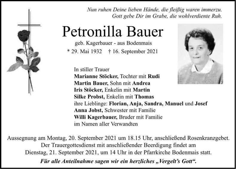 Traueranzeige Petronilla Bauer