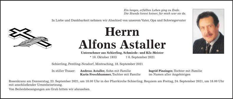 Traueranzeige Alfons Astaller