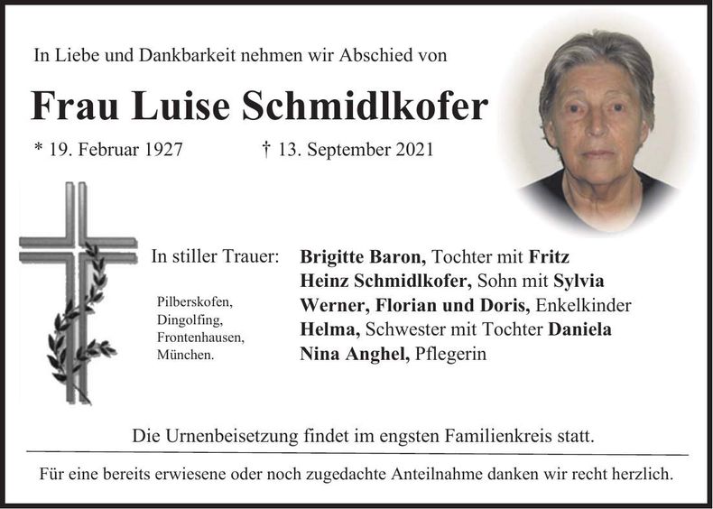 Traueranzeige Luise Schmidlkofer