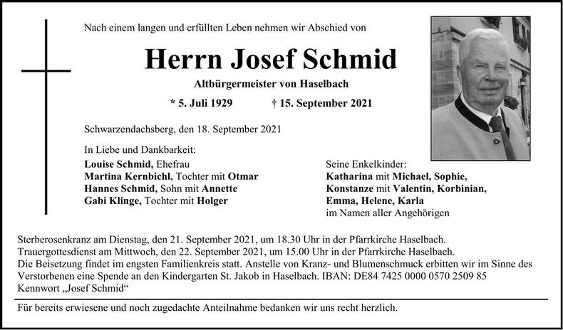 Traueranzeige Josef Schmid