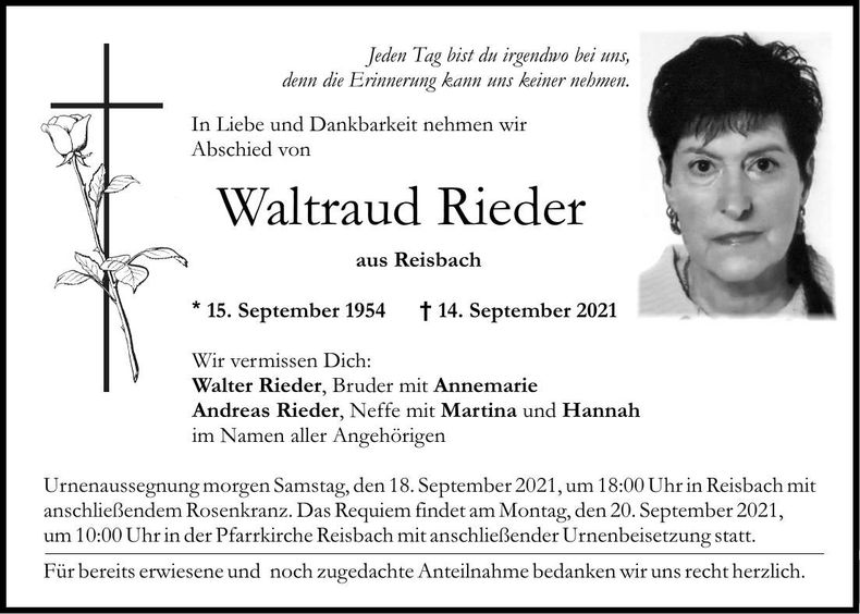 Traueranzeige Waltraud Rieder