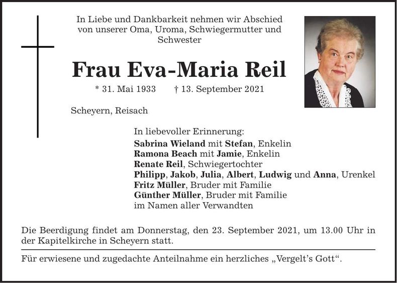 Traueranzeige Eva-Maria Reil