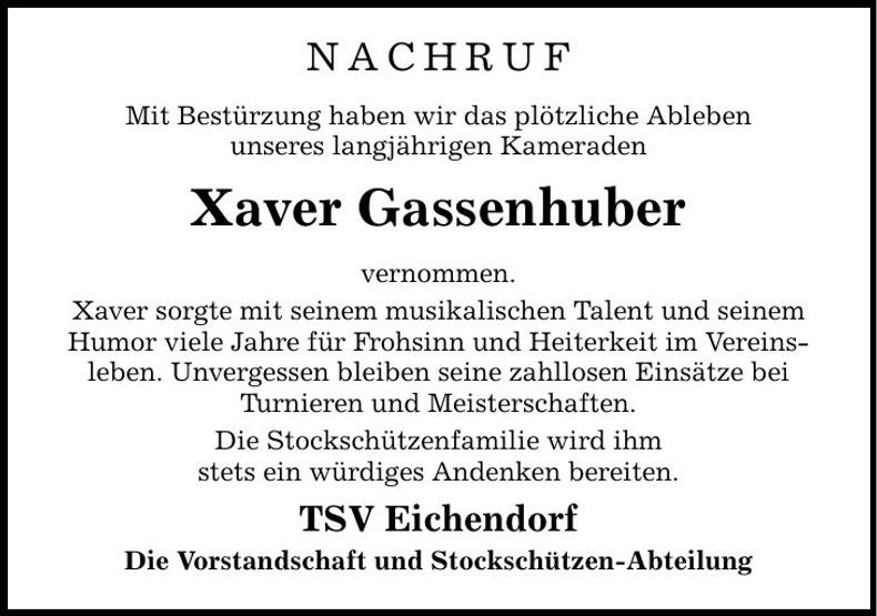 Traueranzeige Franz Xaver Gassenhuber