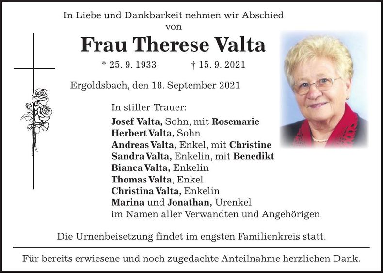 Traueranzeige Therese Valta