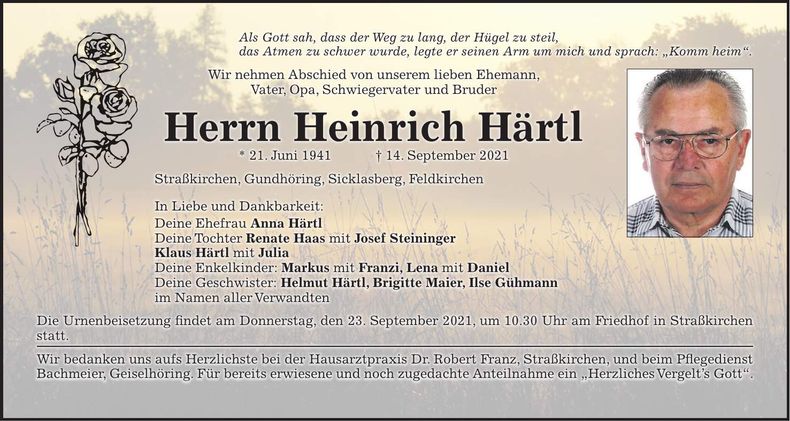Traueranzeige Heinrich Härtl