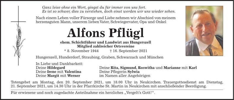 Traueranzeige Alfons Pflügl