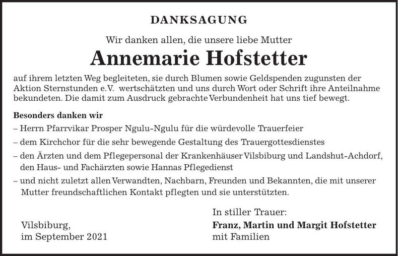 Traueranzeige Annemarie Hofstetter
