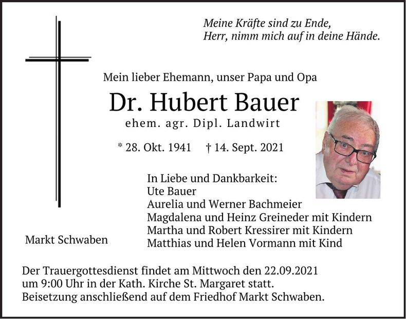 Traueranzeige Dr. Hubert Bauer