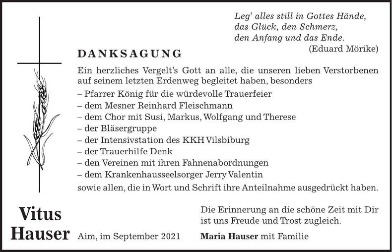 Traueranzeige Vitus Hauser