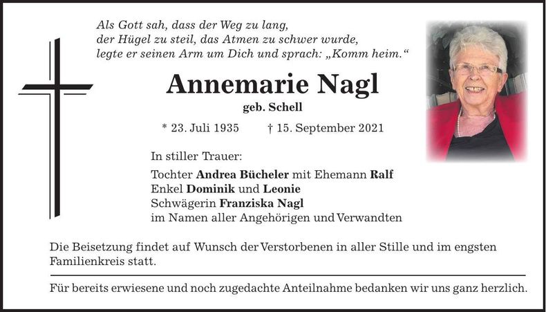 Traueranzeige Annemarie Nagl