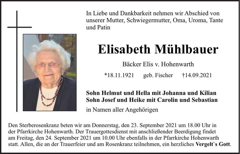 Traueranzeige Elisabeth Mühlbauer