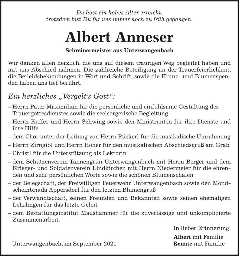 Traueranzeige Albert Anneser