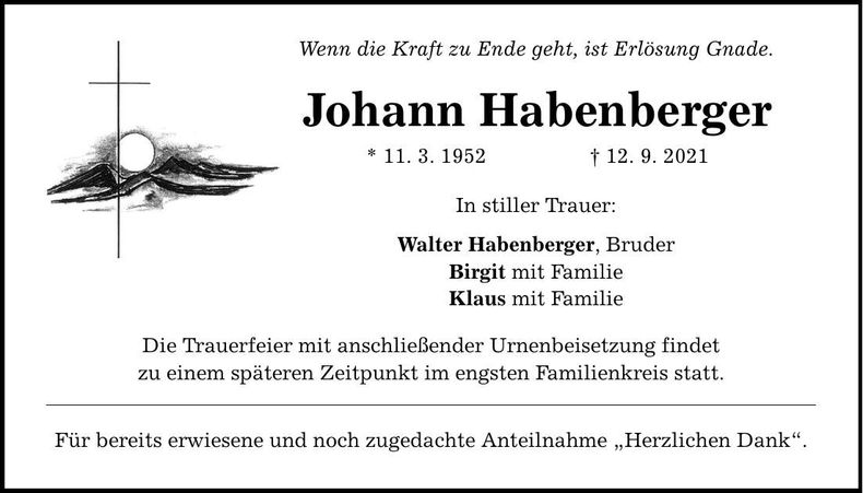 Traueranzeige Johann Habenberger