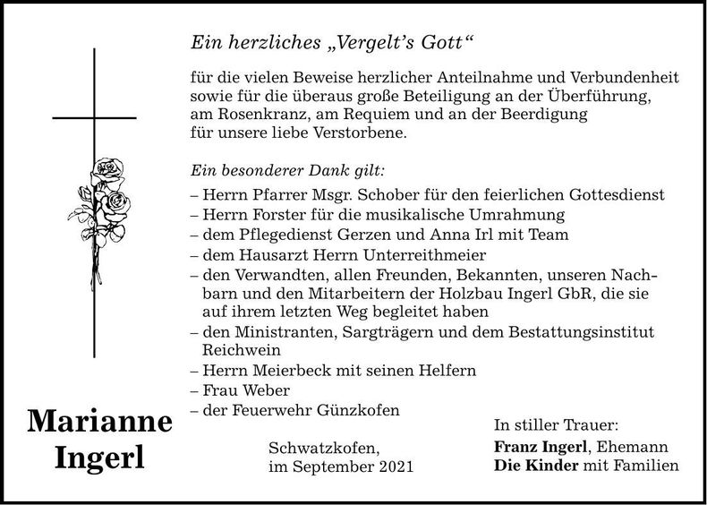 Traueranzeige Marianne Ingerl