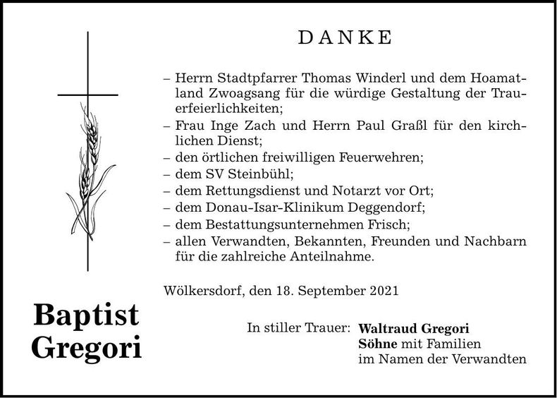 Traueranzeige Baptist Gregori
