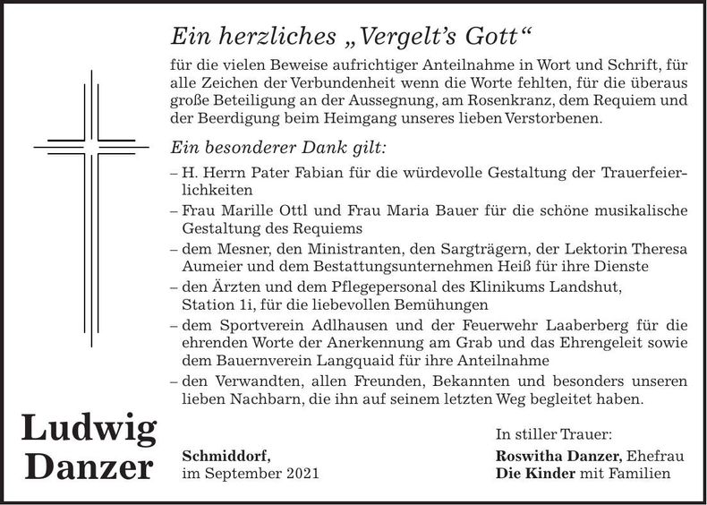 Traueranzeige Ludwig Danzer