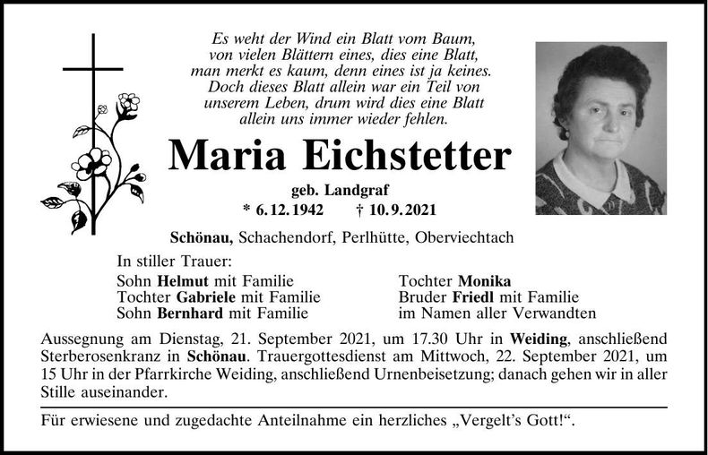Traueranzeige Maria Eichstetter