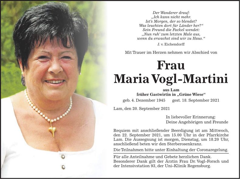 Traueranzeige Maria Vogl-Martini