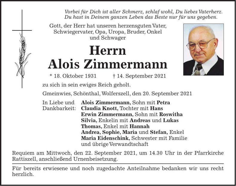 Traueranzeige Alois Zimmermann