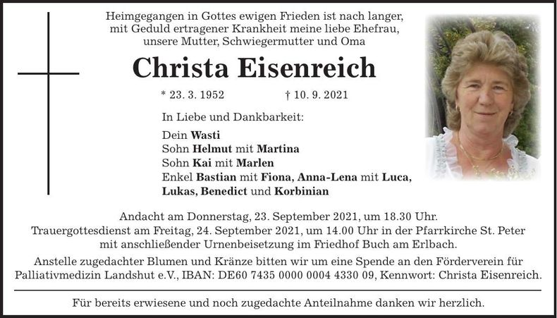 Traueranzeige Christa Eisenreich