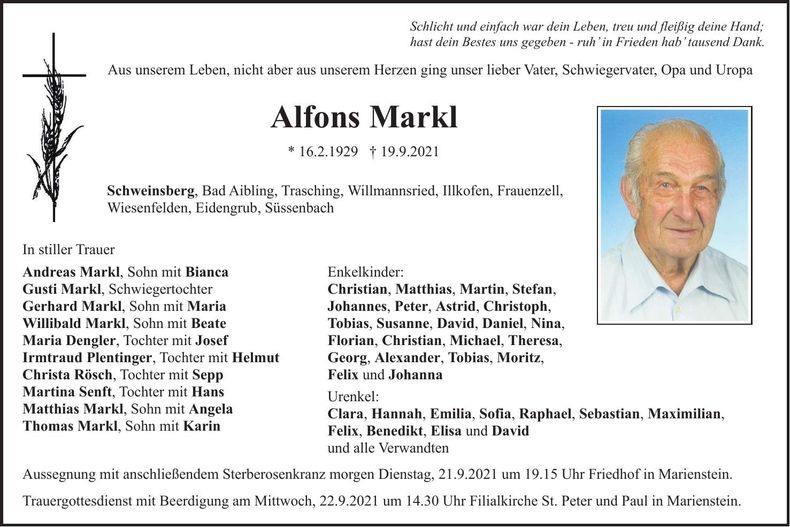 Traueranzeige Alfons Markl