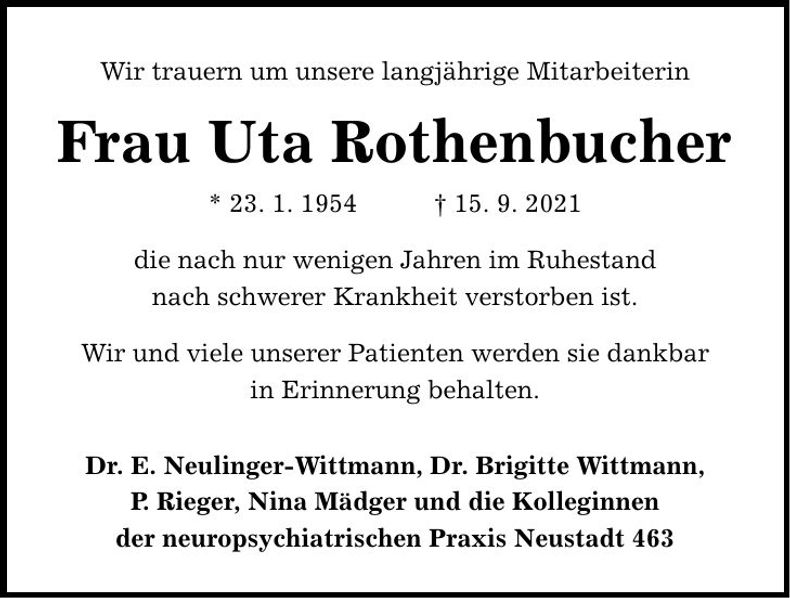 Traueranzeige Uta Rothenbucher