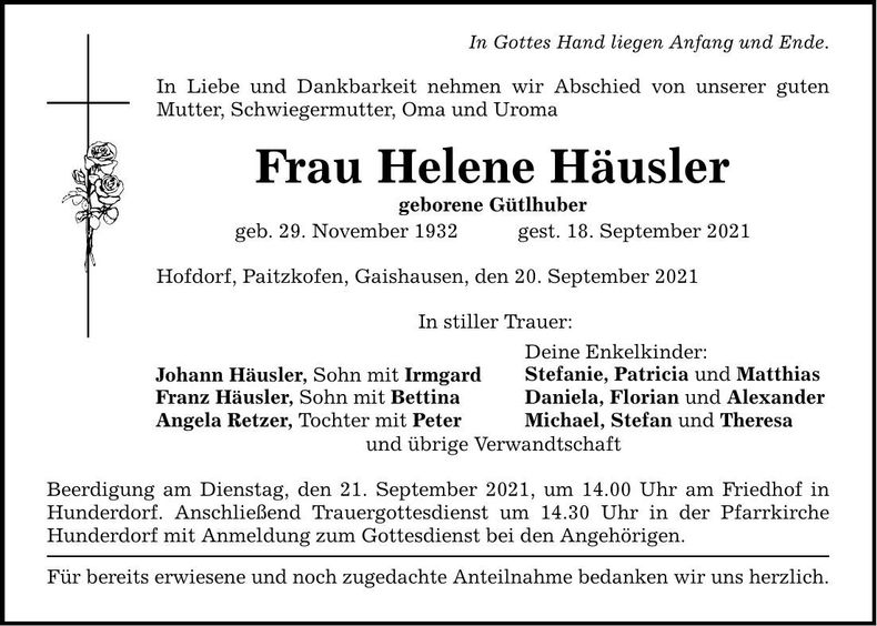 Traueranzeige Helene Häusler